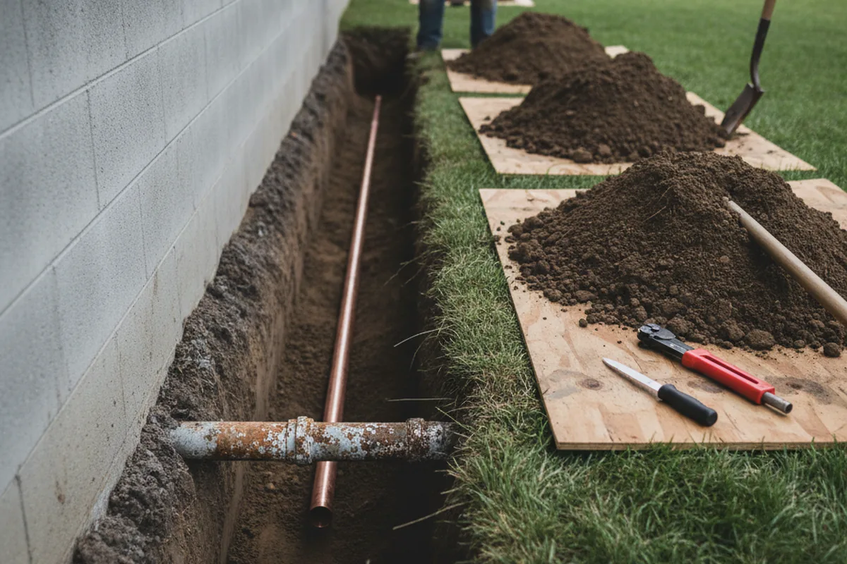Excavated water line trench during Sewer Line Repair in Montezuma